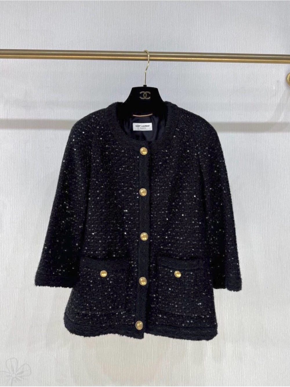 Saint Laurent Kids Black Tweed Coat with Gold Buttons